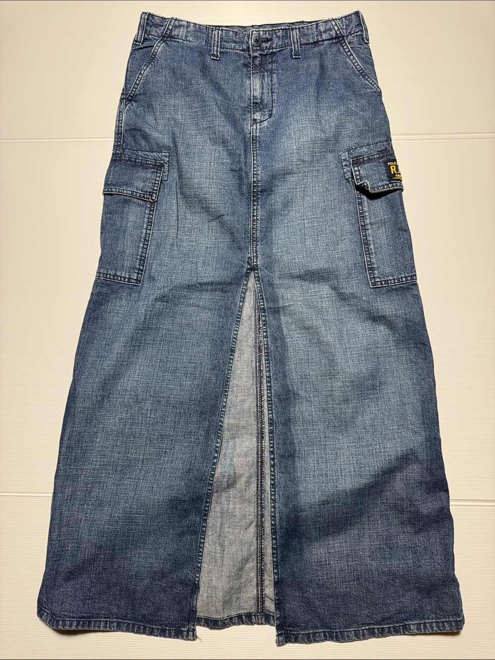 RALPH LAUREN Polo Jeans Company Blue Denim Cargo Maxi Skirt Front Slit Cotton 6